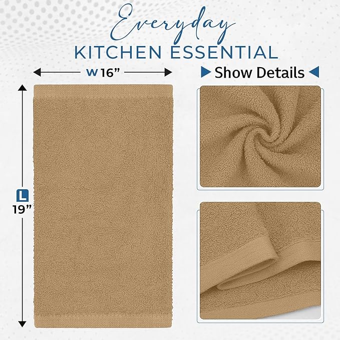 DAN RIVER Kitchen Bar Mops,Pack of 12,16 by 19 Inches,100% Cotton Super Absorbent,Multi-Purpose Cleaning Towels for Home and Kitchen Bars-Tan