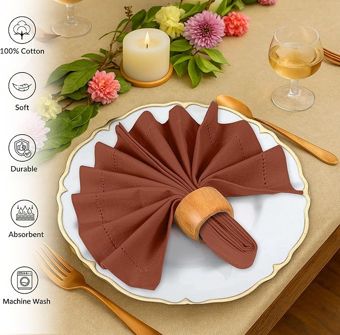 Ruvanti Cloth Napkins Set of 12, 100% Cotton High GSM 18x18 Inches, Hem Stitched Corners, Soft, Washable, Highly Durable & Absorbent, Perfect for Parties, Christmas, Thanksgiving Dinners – Rust