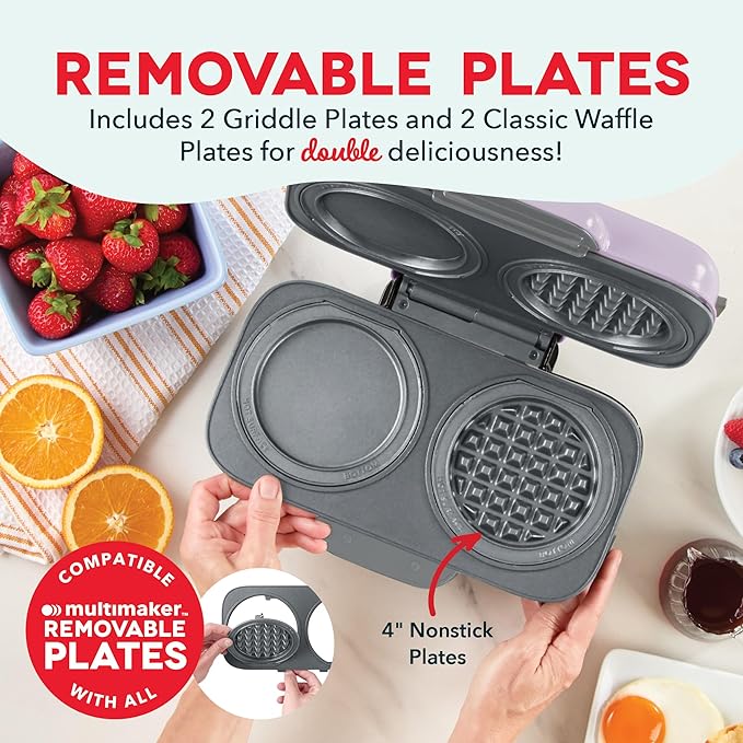 Dash MultiMaker® Double Mini Maker System - Dual Ceramic Nonstick Cooking Surfaces - Built-In Cord Wrap - Makes 4-Inch Waffles - Lavender, 4 Plates