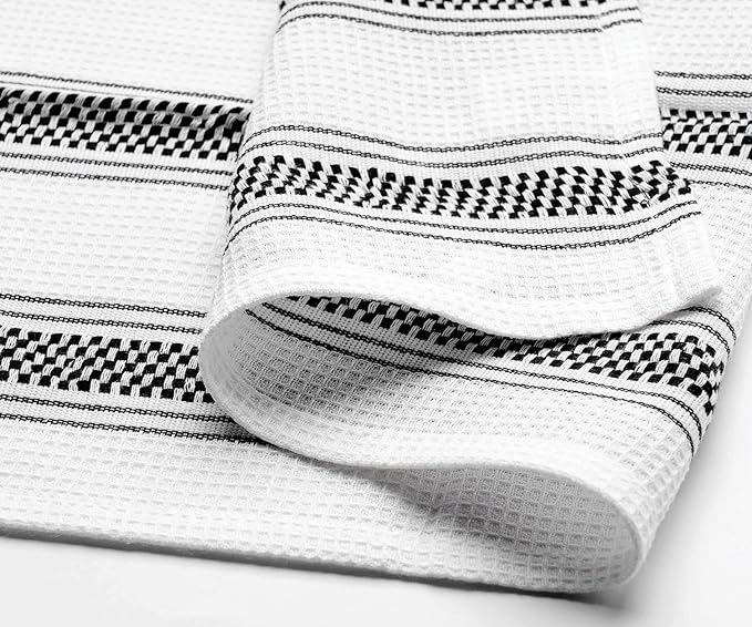 Black Kitchen Towels Set of 6, 100% Cotton Dish Towels, Striped Hand Towel, French Dish Cloths for Washing Dishes, Farmhouse Tea Towels, Absorbent Dish Towel with Hanging Loop, 18 x 28 [Black/White]