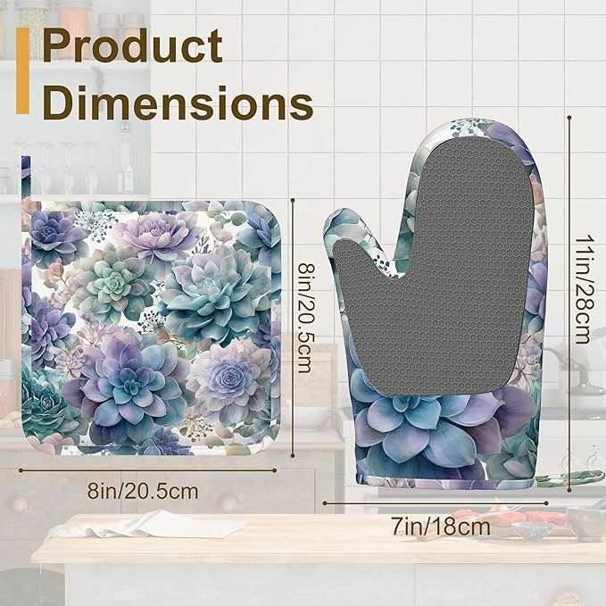 Succulent Botanical Floral Oven Mitts and Pot Holders Sets of 4, Heat Resistant Silicone Oven Mitts Gloves Non-Slip Kitchen Mittens Potholders for Cooking Baking Grilling BBQ