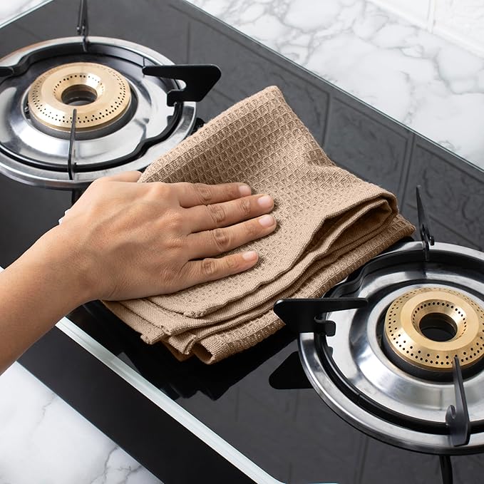 Blue Needles Waffle Weave Kitchen Towels, 15x25 Inches 100% Cotton Set of 4 Dish Towels for Kitchen, Ultra Soft & Absorbent with Hanging Loop, Spring Summer Dish Rags for Quick Drying - Beige