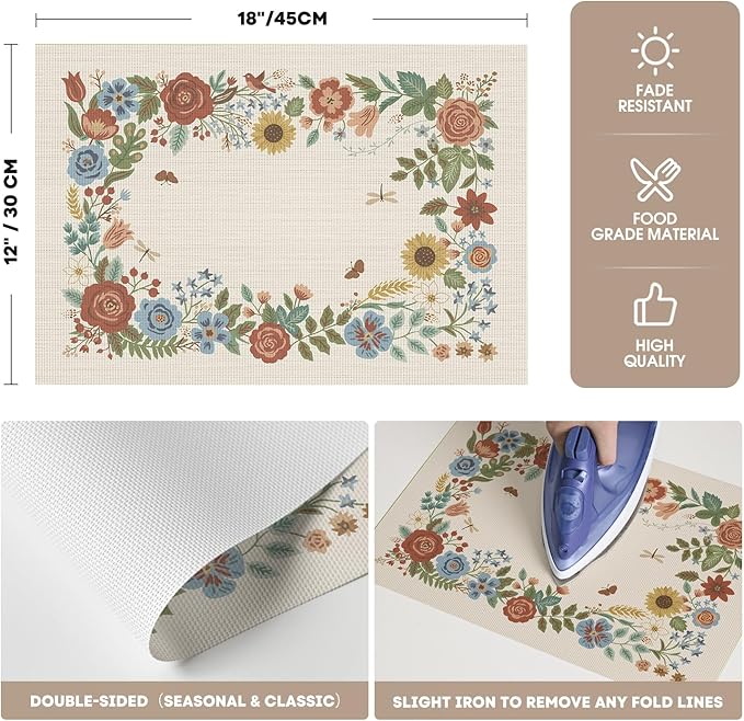 Artoid Mode Beige Florals Butterfly Spring Vinyl Placemats Set of 4, Washable Non-Slip Plastic Table Mats for Vintage Holiday Party Kitchen Dining Decor