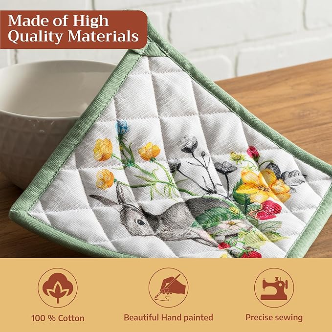 Maison d' Hermine Pot Holders 100% Cotton Heat Resistant Potholders 8" x 8" Hot Pads with Loop BBQ Cooking Baking Gifts for Mothers Day Handling Hot Pans Spring/Summer (Pack of 2, Printemps)
