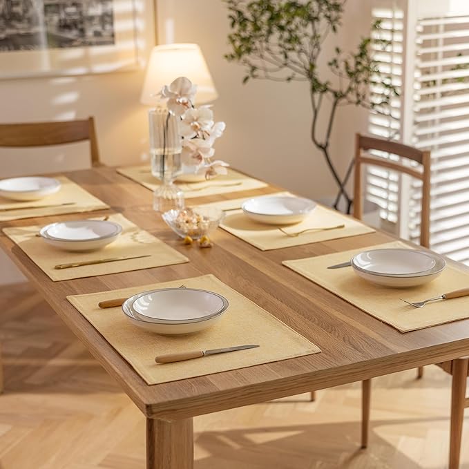 Demetex Placemats Set of 6 Yellow Linen Table Mats Heat Resistant Cloth Place Mats for Dining Room Kitchen Tables, Yellow