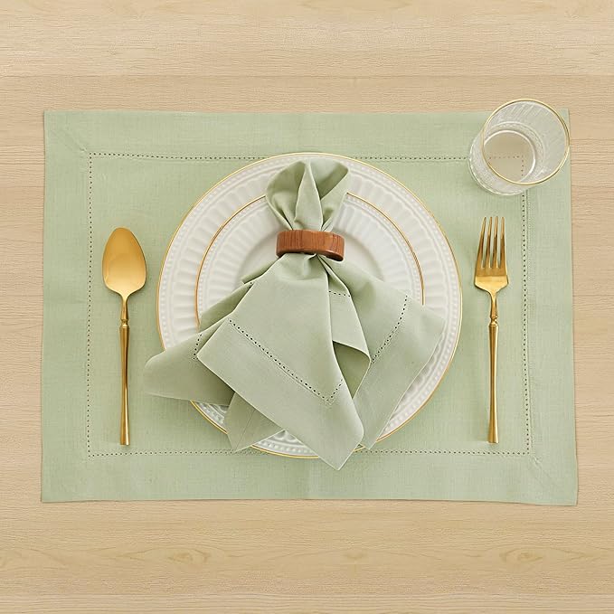 Solino Home Sage Placemats Set of 4 - Cotton Linen Hemstitch Placemats 14 x 19 Inch for Spring, Summer, Mothers Day