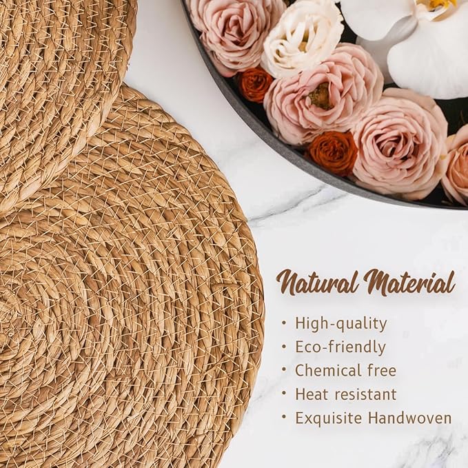BAVIFY 13 in Round Woven Placemats Set of 4 Chargers for Dinner Plates Farmhouse Rustic Boho Table Mats for Dining Table Decor Wicker Straw Braided Place Mats
