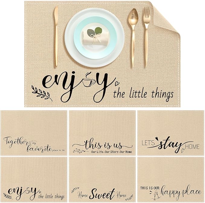 Farmhouse Placemats Set of 6 Linen Placemats 18x12'' Rustic Table Mats with Sayings Housewarming Gifts Country Tablemats Washable Cloth Place Mats for Farmhouse Table Setting(Khaki)