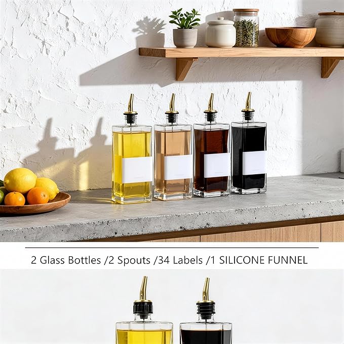 2pk gold oil dispensers: oils, soy, vinegar, syrup. Gold glass preserves, fits kitchens, countertop-ready. Stainless steel pourers: mess-free, versatile, space-saving.