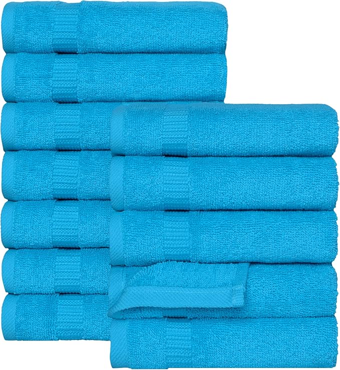 SALBAKOS 100% Turkish Cotton Washcloth Set of 12, 13x13 inch | Premium Quality | Hotel & Spa Collection | Ultra Soft, Super Absorbent, Wash Cloth Towels | Made in Turkey (Aqua, 12 Washcloths)