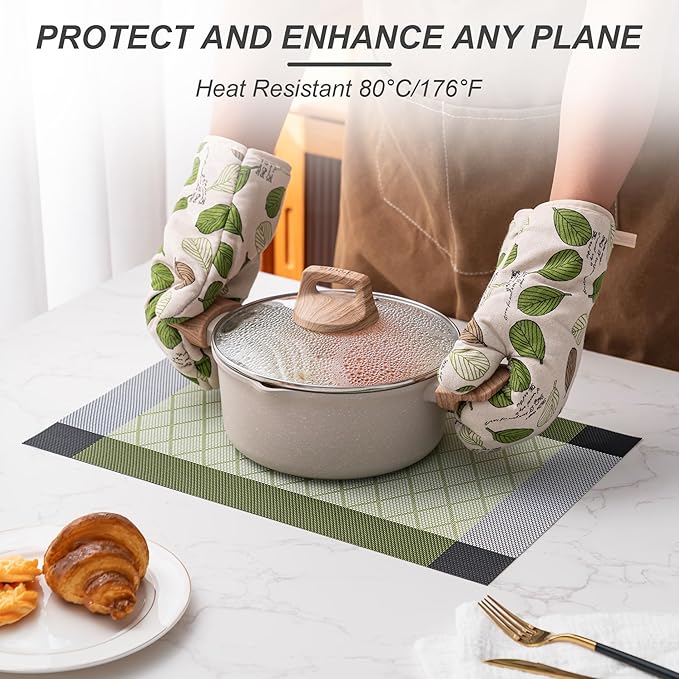 CADONO Placemats Set of 6 Washable Indoor/Outdoor Vinyl Place Mats for Dining Table Durable Non-Slip Heat Resistant PVC Weave Table Mats（Rhombus-Green）
