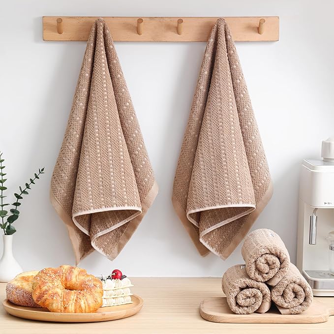 SALAS Kitchen Dish Towels, Bulk Cotton Kitchen Hand Towels, 390 GMS Plaid Dish Cloths Rags for Drying Dishes with Hanging Loop, 16‘’ x 26‘’, 4 Packs, Khaki