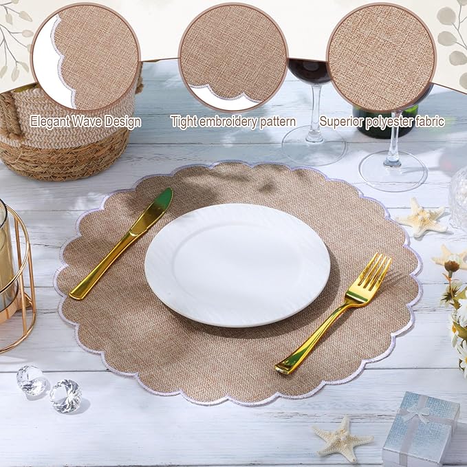 Set of 6 Round Placemats 15 Inch Cotton Scalloped Embroidery Placemat Washable Double Layered Rustic Dinner Table Mat Decor Fabric for Hotel Restaurant Kitchen(Flaxen/White,Classic)