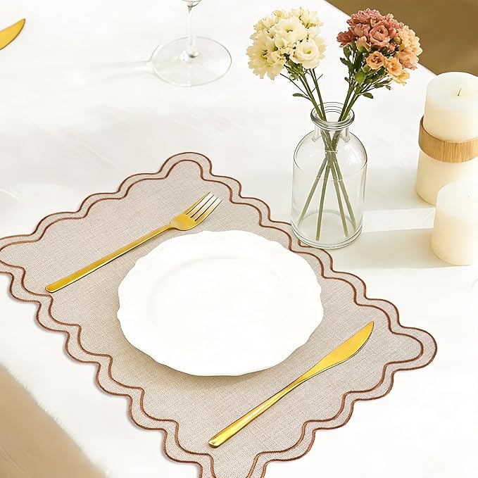Whaline Beige Linen Placemats Embroidered Scalloped Kitchen Place Mats for Birthday Baby Shower Party Home Dining Table Decor, Set of 6, 13 x 19 in