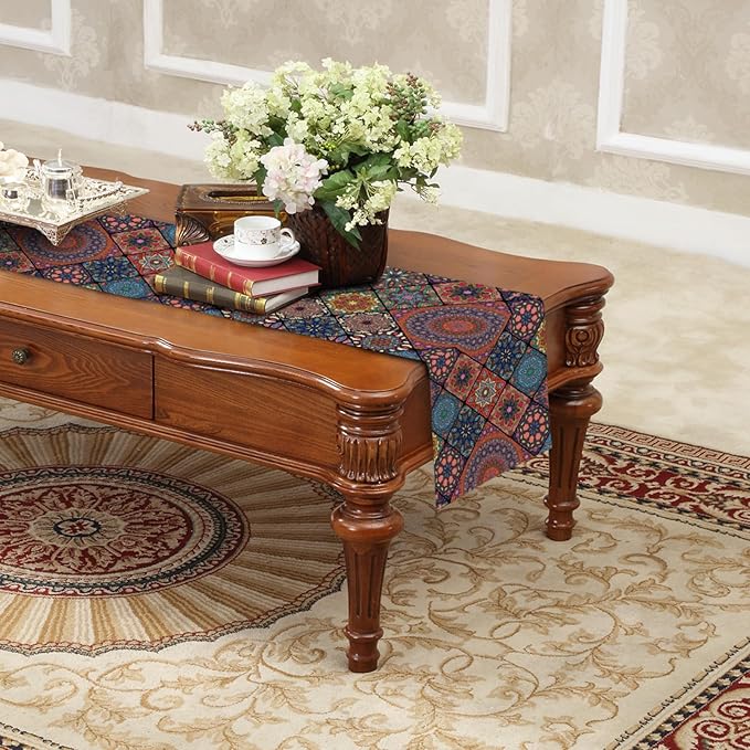 Boho Bohemian Table Runner 108 Inches Long, Vintage Seasonal Table Runners for Party Kitchen Dining Coffee Table Bedroom Indoor Outdoor, Machine Washable (Bohemian A, 13” x 108”)