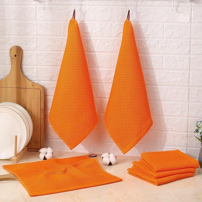Kitinjoy 100% Cotton Kitchen Dish Cloths (12 X 12 Inches, Orange), 12 Pack Waffle Weave Ultra Soft Absorbent Dish Towels for Drying Dishes Quick Drying Kitchen Towels Dish Rags