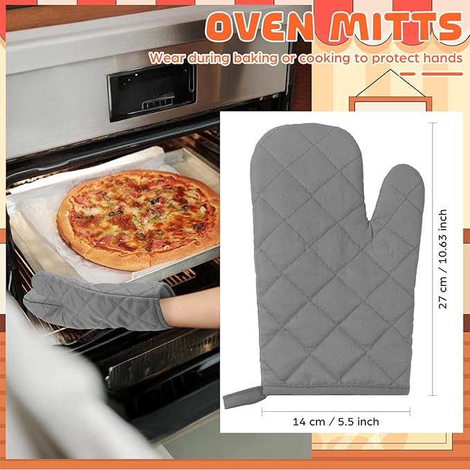 6 Pairs Heat Resistant Oven Mitts Kitchen Oven Gloves 11 Inch Long Quilted Cotton Polyester Kitchen Gloves for Cooking, Baking, Grilling BBQ (Grey)