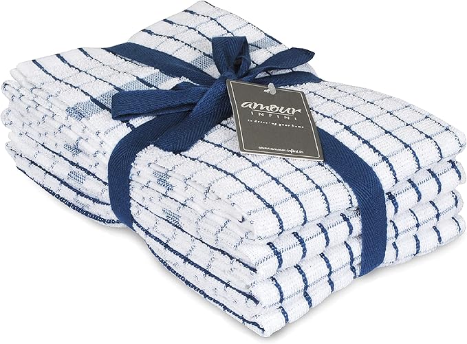 AMOUR INFINI Kitchen Towels Set of 4 - Highly Absorbent, Super Soft Terry Cotton 20x28 Inch Dish Towels with Hanging Loop - Hand & Tea Towels for Cleaning & Drying Dishes (Blue)