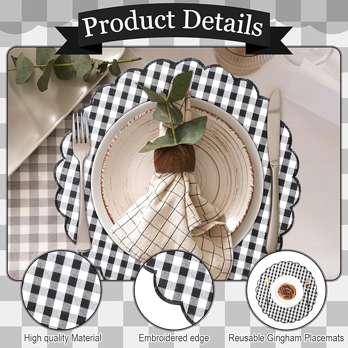 Set of 6 Round Placemats 15 Inch Cotton Scalloped Embroidery Placemat Washable Double Layered Rustic Dinner Table Mat Decor Fabric for Hotel Restaurant Kitchen(Black,Plaid)