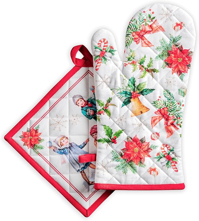 Maison d' Hermine 100% Cotton Oven Mitt & Pot Holder Set (7.5"x13" & 8"x8") Heat Resistant BBQ Cooking Gloves with Loop for Thanksgiving Christmas Decorations Handling Hot Pans (Chromo)