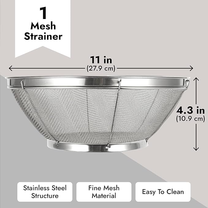 Juvale Stainless Steel Fine Mesh Strainer - Durable Rust-Resistant Mesh Colander - Ergonomic Handle Rice Colander - Ultra-Fine Flour Sifter - Dishwasher Safe with Stable Design - 11 in x 4 in, Silver