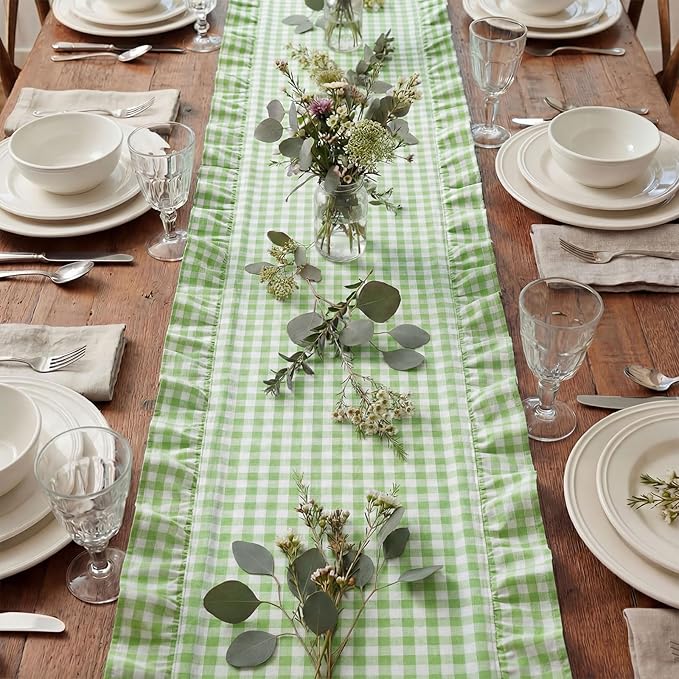 HunnmingRe 1 Pcs Light Green Plaid Gingham Ruffle Table Runner 118 x 13.8'' Farmhouse Easter Table Runner 100% Cotton Scalloped Long Dresser Scarves for Dining Room, Wedding, Kitchen Rustic Home Decor