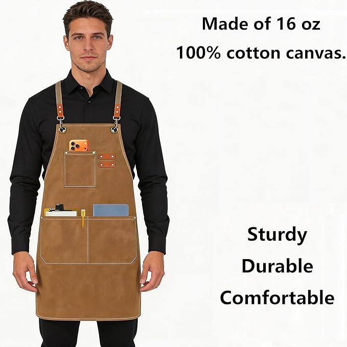 AFUN Chef Aprons for Men Women with Oversized Pockets, 16-Ounce Cotton Canvas Cross Back Heavy Duty Work Apron (Brown)