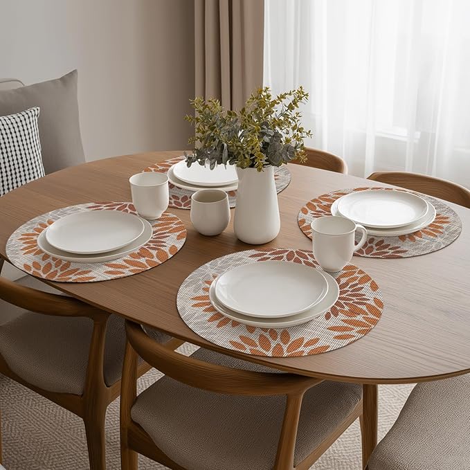 Artoid Mode Orange Dahlia Plastic Round Placemats Set of 4, 14 Inch Seasonal Wipeable Woven Vinyl Table Mats for Farmhouse Party Kitchen Dining Decor