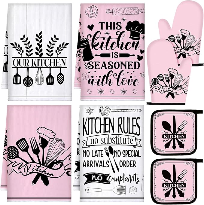 Leinuosen 8 Pcs Kitchen Towels and Oven Mitts Sets Pot Holders Dishcloths Set Kitchen Decorative Accessories Absorbent Potholders Heat Resistant for Chef Baking Cooking