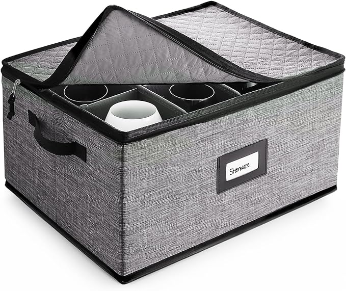 Hearth & Harbor Wine Glass Storage Box with Dividers, Quilted and Stackable Stemware Storage Cases, Service of 12 Glass China Container Hard Shell for Moving and Organization, Grey