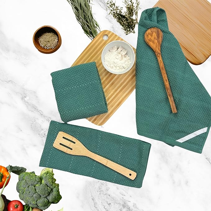 Serafina Home Dark Emerald Green Kitchen Hand Dish Towels: Oversized 28" x 18",100% Cotton Cloth Soft Cleaning Drying Absorbent Textured Design, Set of 3 Multipurpose for Everyday Use