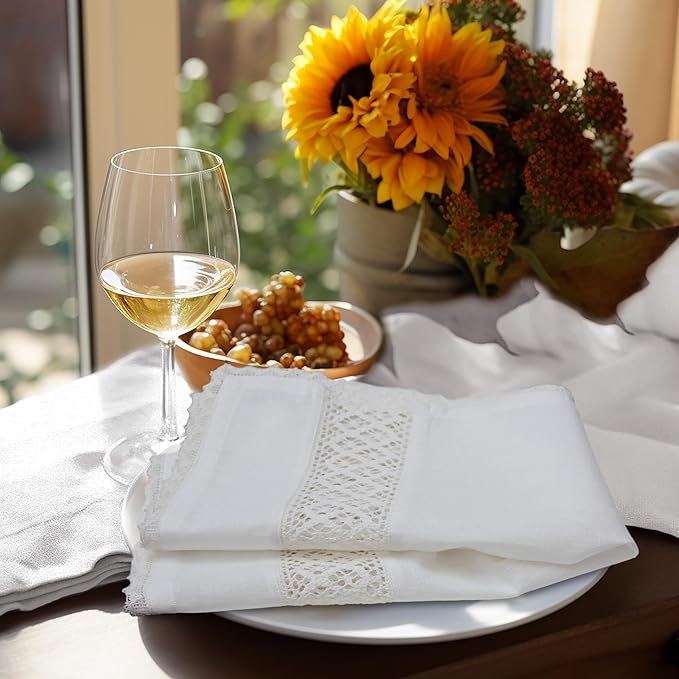 COTTON CRAFT Cloth Napkins with Lace - Set of 8 Elegant Everyday Fall Harvest Thanksgiving Holiday Table Lunch Dinner Napkins - 100% Cotton Soft Washable Reusable Serviette - 17x17 inches - White