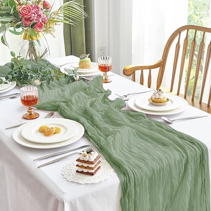 IVAPUPU 4 Pcs Cheesecloth Table Runner - 10ft Sage Green Spring Boho Gauze Cheese Cloth Table Runners for Baby Shower Decorations Wedding Party Garden Farmhouse