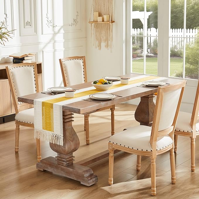 ZeeMart Macrame Style Bicolor Stitching Table Runner, 14 x 108 Inch Mustard/Ivory, Boho Yellow Table Runners 108 Inches Long, Farmhouse Woven Home Decor