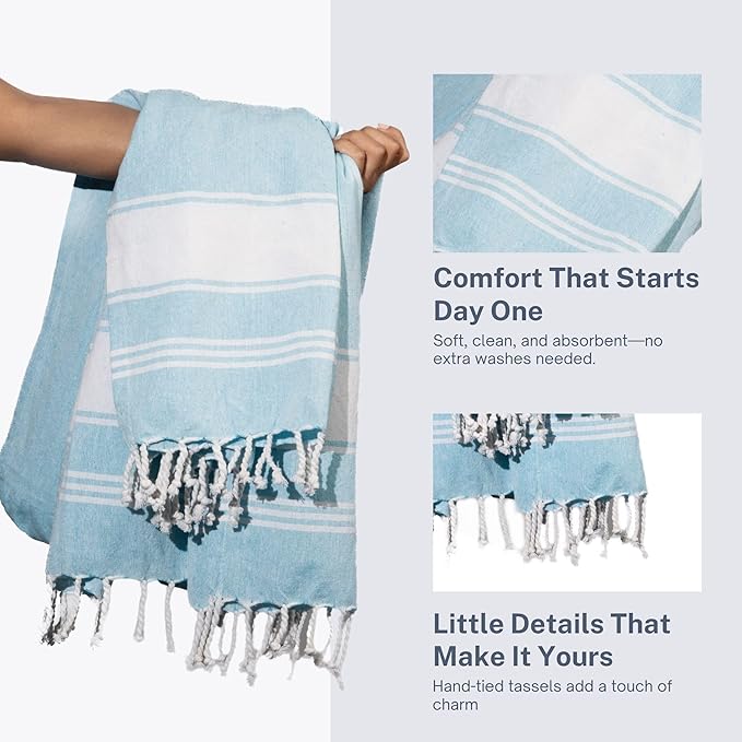 Cotton Turkish Beach Towel with Towels Oversized 36"x72" Pool Absorbent Extra Large Quick Dry Sand Travel Towel (Aqua Blue, 2 Pack)