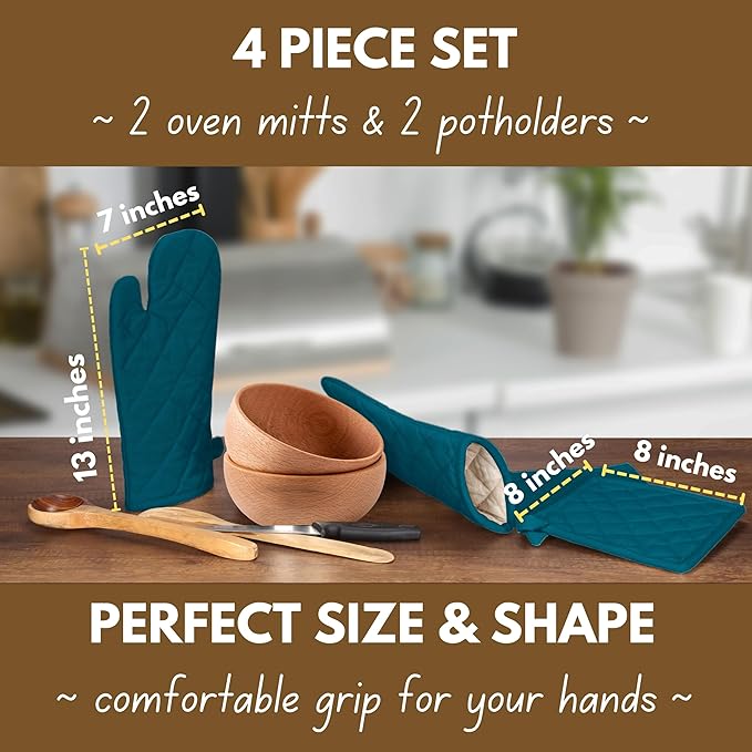 Native Fab Pot Holders and Oven Mitts Sets for Kitchen Heat Resistant - Hanging Non-Slip - 100% Cotton Kitchen Oven Mitts and Pot Holders 4 Piece Set - Teal