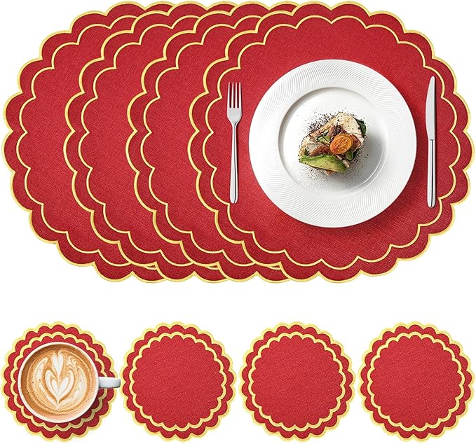 Set of 8 Christmas Round Cotton Linen Placemats with Coaster, 15" Red Scalloped Embroidery Placemats Double Layered Heat Resistant Washable Table Mat for Xmas Winter Party Kitchen Dining Table