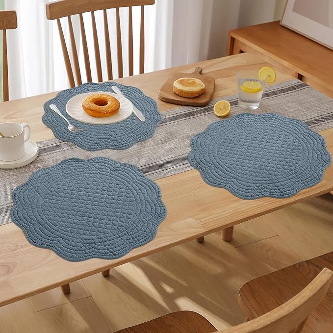 HOMBYS Quilted Placemats Set of 6 Washable Round Placemats for Kitchen Table-100% Cotton Fabric 14 Inch Round Table Mats, Cotton Fabric with Microfiber Filling, (14"x14", Blue)