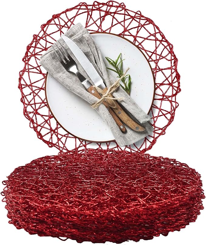 AHHFSMEI Paper Braided Round Placemats Set of 12 Natural Non-Slip Heat Resistant Table Mats for Dining Tables Woven Indoor & Outdoor Place mats (Red)