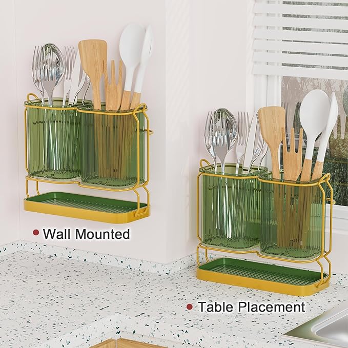 Kitchen Utensil Holder Wall Mount, 6.7" Silverware Holder for Kitchen Countertop, Toothbrush Holders Utensil Drying Holder with Drain Tray for Silverware,Spatula (Green)