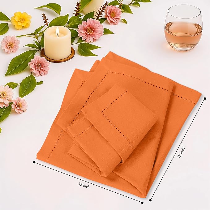 Ruvanti Cloth Napkins Set of 12, 100% Cotton High GSM 18x18 Inches, Hem Stitched Corners, Soft, Washable, Highly Durable & Absorbent, Perfect for Parties, Christmas, Thanksgiving Dinners – Orange Peel