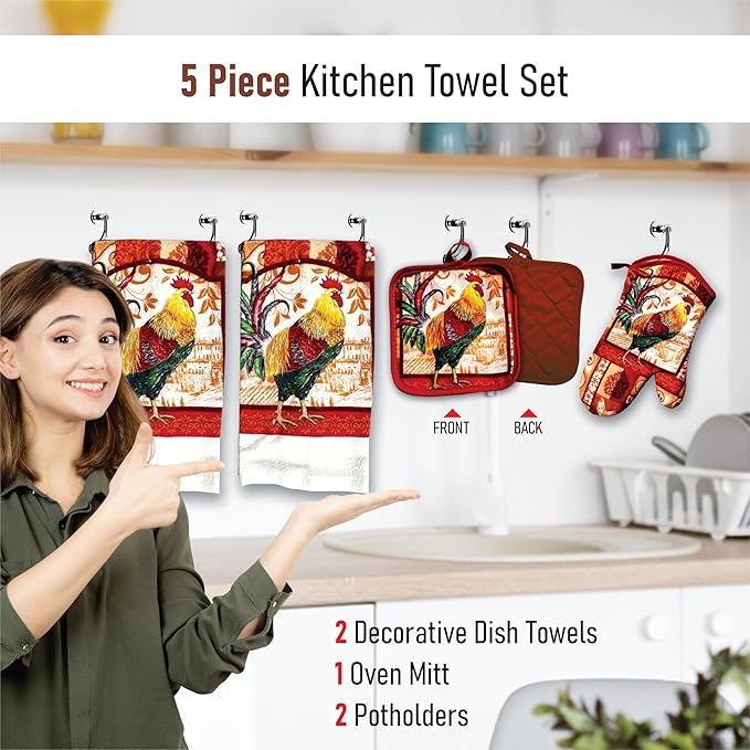 Lobyn Value Packs: Decorative & Functional Rustic Rooster Kitchen Set – 5 Piece Kitchen Towel Set with 2 Decorative Dish Towels (25 X15), 1 Oven Mitt (11 X 7) and 2 Potholders (6.5 X 6.5)