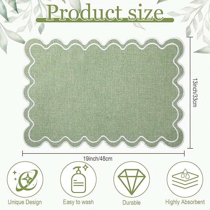 Set of 4 Cotton Linen Placemats, 13x19 Inch Scalloped Wavy Embroidery Placemat Double Layered Washable Rustic Rectangle Dinner Table Mats for Kitchen Wedding Home Party Decor(Sage Green)