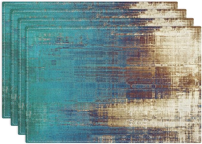 Emvency Farmhouse Placemats Set of 4, Abstract Teal and Light BrownArt Painting 12x18 Inch Messy Rust Vintage Table Mats for Outdoor Home Party Kitchen Dining Decoration