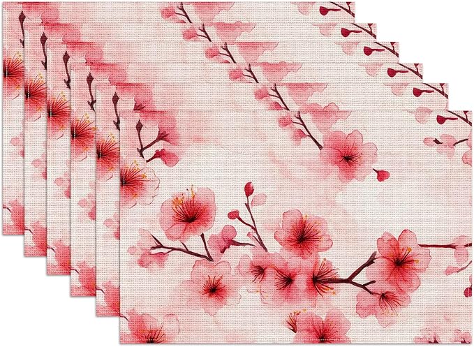 Pink Cherry Blossom Placemats Set of 6,12x18 Inch Branches Spring Floral Linen Place Mat Washable Stain Resistant Table Mats for Seasonal Farmhouse Kitchen Party Home Decor