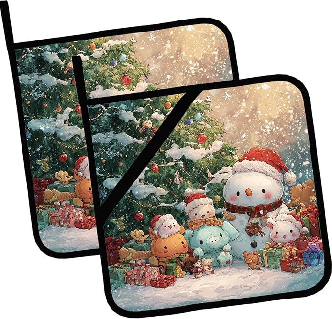 Cute Snowman Pot Holders Set of 2,Kitchen Heat Resistant Potholders for Microwave Cooking Baking Oven and BBQ Gifts for Women