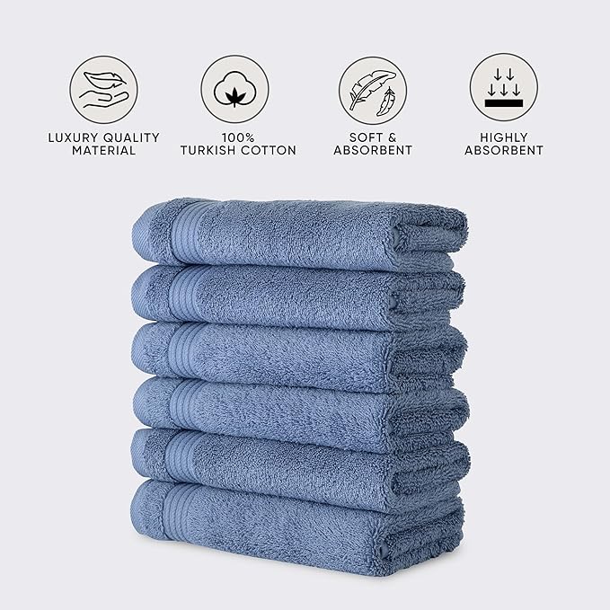 Classic Turkish Towels CTT - Premium 6 Piece Hand Towels Set, 100% Turkish Cotton, Quick Dry & Comfy Towels for Hotel & Spa, Highly Absorbent | 16"x27"(Blue)