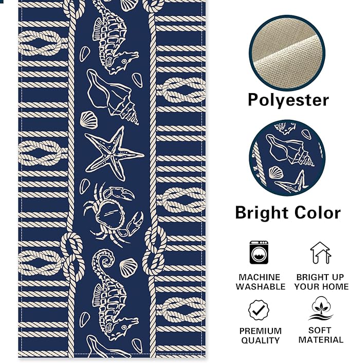 Navy Blue Nautical Dining Table Runner, Coastal Beach Ropes Starfish Crab Seahorse Conch Shell Burlap Kitchen Decoration, Ocean Marine Life Indoor Outdoor Home Decor Party Supply 13 x 90 Inches