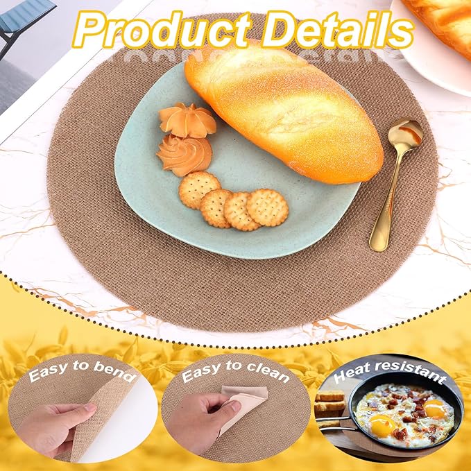 12 Pcs Natural Burlap Placemats, 11.8in Round Reusable Jute Table Mats Boho Natural Linen Table Mats Brown Circle Placemats for Wedding Party Farmhouse Decor Rustic Dinner Setting