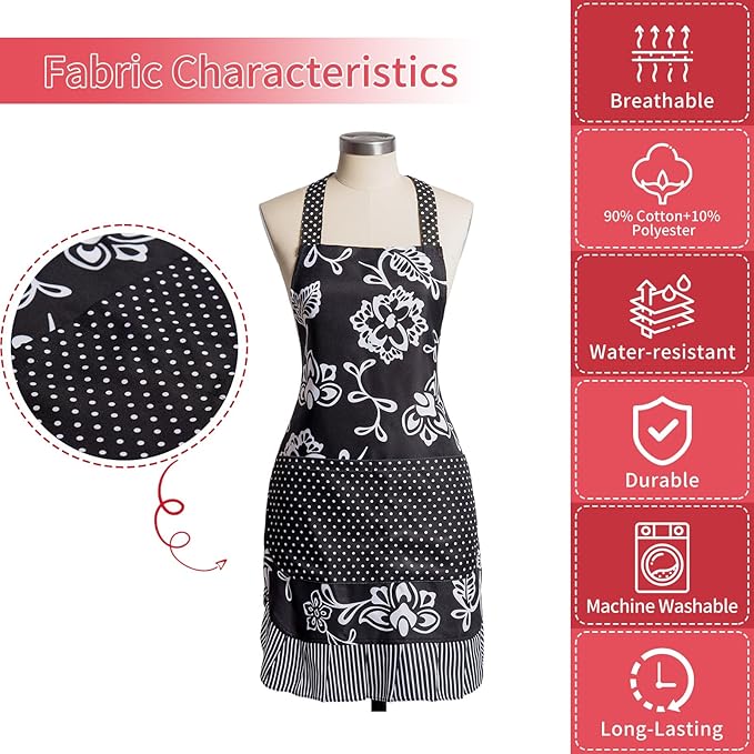Vintage Floral Apron for Women with Functional Pockets Adjustable Neck Strap for Cooking Baking Mother's Gift